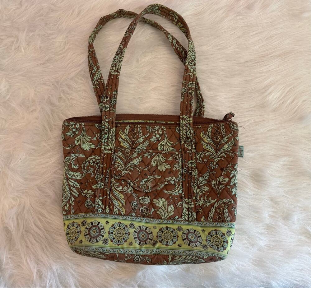 MAGGI B Quilted Shoulder Tote Bag Brown Green Paisley Floral Handbag